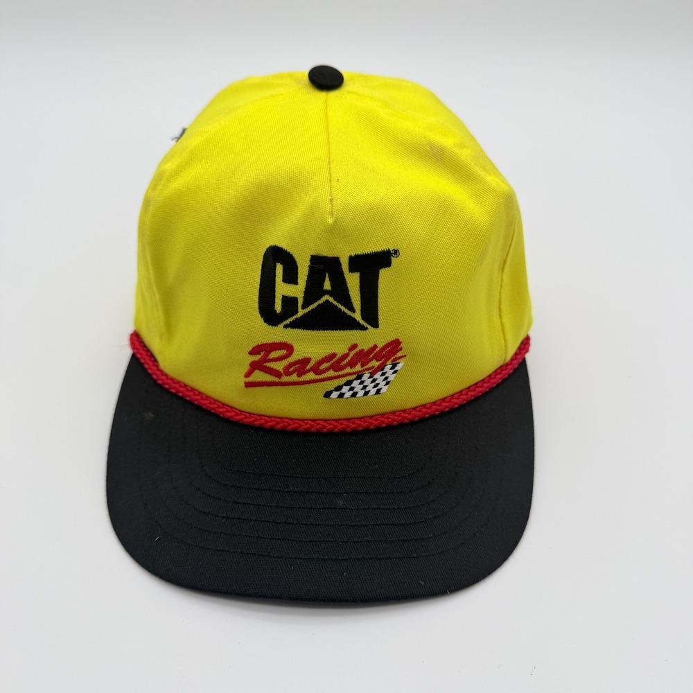 VTG 90s CAT Racing Trucker Hat Mens OSFA Yellow Black Rope Snapback Made in USA